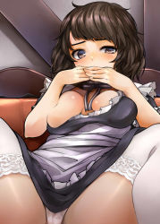 Rule 34 | 1girl, apron, bed, black dress, black ribbon, blush, breasts, brown eyes, brown hair, commentary request, convenient arm, convenient censoring, covering own mouth, dress, frilled dress, frills, hand over own mouth, hands up, highres, indoors, kawakami sadayo, leaning back, looking at viewer, maid, medium breasts, neck ribbon, nemu (nebusokugimi), one breast out, own hands together, panties, persona, persona 5, ribbon, short hair, short sleeves, solo, spread legs, underwear, upskirt, white apron, white legwear, white panties
