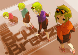Rule 34 | 4girls, bad id, blue eyes, eyewear on head, from above, green hair, gumi, multiple girls, multiple views, sequential, song name, sunglasses, tomioka jirou, vocaloid