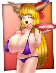 Rule 34 | 1girl, absurdres, blonde hair, bra, breasts, collarbone, cup, eyelashes, gradient background, hair ribbon, hand on own chest, highres, holding, holding cup, holding saucer, horn ornament, horn ribbon, horns, huge breasts, ibuki suika, long hair, looking at viewer, one eye closed, oni, oni horns, open mouth, orange background, panties, pink background, purple bra, purple panties, purple ribbon, red eyes, red ribbon, ribbon, sakazuki, saucer, smile, solo, touhou, underwear, very long hair, wink