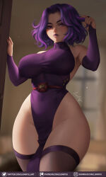 Rule 34 | 1girl, belt, blush, boku no hero academia, breasts, bridal gauntlets, curvy, detached sleeves, dress, gumroad username, highres, indoors, lady nagant, large breasts, looking at viewer, luminyu, mole, mole on thigh, multicolored hair, patreon username, pink hair, playing with own hair, purple eyes, purple hair, purple lips, signature, solo, thick thighs, thighhighs, thighs, twitter username, two-tone hair
