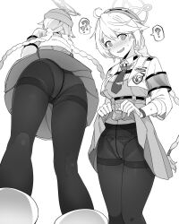 Rule 34 | 1girl, ahoge, blue archive, blush, braid, clothes lift, commentary, cropped jacket, dress, dress lift, greyscale, halo, highres, jacket, kirino (blue archive), kneepits, lifting own clothes, long hair, long sleeves, monochrome, multiple views, necktie, open clothes, open jacket, open mouth, panties, panties under pantyhose, pantyhose, simple background, tsukinami kousuke, twin braids, underwear, white background