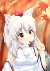 Rule 34 | 1girl, animal ears, autumn leaves, bare shoulders, blush, breasts, candy, detached sleeves, food, hat, inubashiri momiji, leaf, lollipop, looking at viewer, medium breasts, miyarinn, nature, pom pom (clothes), red eyes, short hair, silver hair, solo, tokin hat, tongue, tongue out, touhou, tree, wolf ears