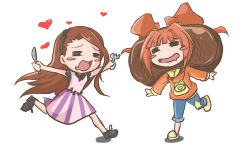 Rule 34 | :d, blush stickers, brown hair, chibi, costume, denim, food, fork, hairband, heart, hungry, idolmaster, idolmaster (classic), jeans, jin (lili to marigold), knife, long hair, minase iori, open mouth, orange hair, outstretched arms, pants, running, short hair, slippers, smile, star (symbol), steak, takatsuki yayoi, twintails