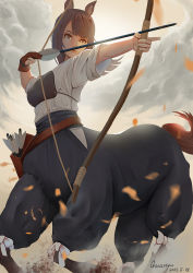Rule 34 | 1girl, aiming, animal ears, arrow (projectile), artist name, black panties, blunt bangs, bow (weapon), breasts, brown eyes, brown hair, centaur, closed mouth, cloud, cloudy sky, commentary, dated, gloves, hakama, hakama pants, highres, holding, holding bow (weapon), holding weapon, horse ears, japanese clothes, long hair, monster girl, multiple legs, muneate, original, outdoors, panties, pants, parted bangs, quiver, running, shirt, short sleeves, sidelocks, single glove, sky, sokanu, solo, tail, taur, underwear, weapon, white shirt