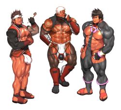 Rule 34 | 3boys, abs, bandaged arm, bandages, bara, beard, biceps, black hair, bodysuit, brown hair, bulge, capelet, facial hair, fingerless gloves, fishnets, fundoshi, gauntlets, gloves, hairy, headband, highres, japanese clothes, jewelry, kuromine hiraya, large pectorals, leg armor, looking at another, looking at viewer, male focus, manly, mature male, multiple boys, muscular, muscular male, necklace, nipples, open mouth, original, pectorals, pubic hair, sandals, short hair, simple background, smoking pipe, spiked hair, tattoo, teeth, thick arms, thick eyebrows, thick thighs, thighs, tight clothes, tongue, white background, white hair, yuatari