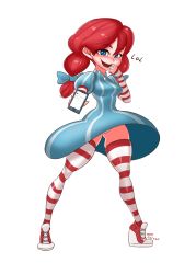 Rule 34 | 1girl, absurdres, apron, braid, cellphone, high heel sneakers, high heels, highres, long hair, phone, red hair, shoes, sneakers, striped clothes, striped thighhighs, thighhighs, twin braids, wedge heels, wendy&#039;s, wendy (wendy&#039;s)