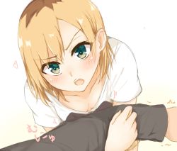 Rule 34 | 1girl, arm grab, blonde hair, breast press, breasts, brown hair, cleavage, collarbone, green eyes, heart, looking at viewer, miyamori aoi, multicolored hair, open mouth, roots (hair), shirobako, shirt, short hair, short sleeves, simple background, small breasts, tahita1874, two-tone hair, upper body, white background, white shirt