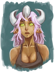 Rule 34 | 1girl, bankage, bare shoulders, breasts, cleavage, dark-skinned female, dark skin, endless library, green eyes, horns, lips, lizhp, lizhp libellus aetern-ritter, lizhp libellus aetern ritter, long hair, monster girl, no pupils, nose, original, pink hair, pointy ears, solo, tank top, upper body