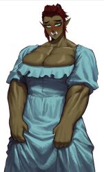 Rule 34 | 1girl, absurdres, blue dress, blush, breasts, cleavage, colored skin, dress, female orc, green eyes, green skin, highres, huge breasts, looking at viewer, muscular, muscular female, orc, original, pointy ears, red hair, short hair, short sleeves, simple background, solo, sotcho, tusks, white background