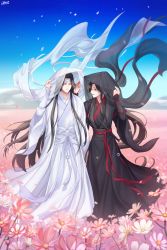 Rule 34 | 2boys, artist name, bishounen, black hair, black headwear, black robe, black veil, blue sky, blurry, blurry background, brown hair, chinese clothes, closed eyes, closed mouth, commentary, day, eyelashes, field, floating hair, flower, flower field, flute, full body, grey eyes, hand up, hands up, hanfu, hat, headband, high ponytail, highres, holding, holding flower, instrument, lan wangji, lem tea, long hair, long sleeves, looking at another, male focus, modao zushi, multiple boys, open mouth, outdoors, parted bangs, petals, pink flower, ponytail, red ribbon, ribbon, robe, sash, sidelocks, sky, smile, standing, tassel, veil, very long hair, wei wuxian, white headband, white headwear, white ribbon, white robe, white veil, wide sleeves