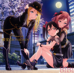 Rule 34 | 3girls, album cover, ayase eli, belt, bent over, bibi (love live!), black dress, black footwear, black hair, black headwear, black jacket, black pants, blonde hair, blue eyes, blue sky, blush, boots, bow, chain, closed mouth, cover, crossed legs, dress, elbow gloves, full moon, gloves, grey belt, grey eyes, grey gloves, hair bow, hand on leg, hat, highres, hug, hug from behind, jacket, knee boots, long hair, looking at viewer, love live!, love live! school idol project, medium hair, moon, multiple girls, night, night sky, nishikino maki, official art, outdoors, pants, red bow, red eyes, red hair, short dress, sitting, sky, sleeveless, sleeveless dress, smile, straight hair, yazawa nico