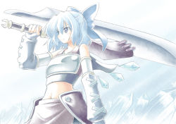 Rule 34 | 1girl, advent cirno, armor, blue eyes, blue hair, cirno, detached sleeves, female focus, gradient background, ice, kibushi, matching hair/eyes, midriff, navel, short hair, solo, sword, touhou, weapon, white background, wings