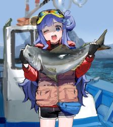 Rule 34 | 1girl, :d, ;d, animal, asari nanami, black gloves, black shorts, blue hair, boat, cowboy shot, dohyo123123, fanny pack, fingerless gloves, fish, fish request, fishing, gloves, goggles, goggles on head, hair bun, highres, holding, holding animal, holding fish, idolmaster, long hair, mountain, ocean, one eye closed, open mouth, original, red sweater, red vest, short shorts, shorts, sidelocks, single hair bun, smile, solo, sweater, vest, watercraft