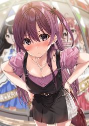 Rule 34 | 1girl, annoyed, bag, bent over, black dress, blush, casual, closed mouth, collarbone, dress, handbag, hands on own hips, highres, jewelry, kukiha, long hair, necklace, one side up, original, poster (object), purple eyes, purple hair, purple shirt, shirt, side ponytail, solo
