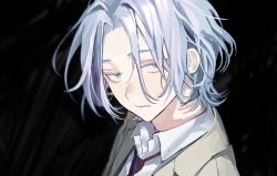 Rule 34 | 1boy, black background, chamuring, closed mouth, green eyes, highres, jacket, korean commentary, looking at viewer, male focus, necktie, original, red necktie, shirt, silver hair, simple background, solo, upper body, white shirt