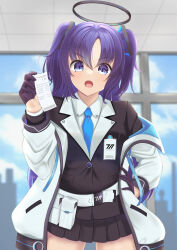 Rule 34 | 1girl, :o, absurdres, belt, belt pouch, black skirt, blue archive, blue necktie, collared shirt, cowboy shot, gloves, half gloves, highres, holding, id card, jacket, looking at viewer, miniskirt, necktie, off shoulder, open clothes, open jacket, parted bangs, pleated skirt, pouch, purple eyes, purple gloves, purple hair, receipt, shia0016, shirt, skirt, solo, two-sided fabric, two-sided jacket, two side up, white belt, white shirt, yuuka (blue archive)