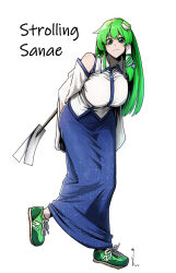 1girl :/ arms_behind_back bare_shoulders blue_skirt breasts collared_shirt detached_sleeves english_text frog_hair_ornament full_body gohei green_eyes green_footwear green_hair hair_ornament hair_tubes highres holding holding_gohei huge_breasts kochiya_sanae koyubi_(littlefinger1988) leaning_forward long_hair long_skirt looking_at_viewer new_balance print_skirt shirt shoelaces shoes simple_background single_hair_tube single_sidelock skirt snake_hair_ornament sneakers solo touhou white_background