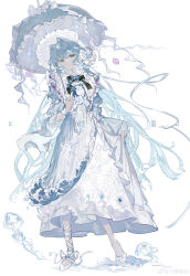 Rule 34 | 1girl, absurdres, blue dress, blue eyes, blue gemstone, blue hair, blue theme, bonnet, closed mouth, crescent, crescent hair ornament, dress, envelope, flats, frilled umbrella, frills, gem, hair ornament, highres, holding, holding umbrella, jellyfish, leg ribbon, long hair, looking at viewer, original, ribbon, sample watermark, scrunchie, simple background, skirt hold, sleeves past wrists, solo, sparkle, standing, two-tone dress, umbrella, watermark, waves, weibo logo, weibo watermark, white background, white dress, white footwear, white headwear, white ribbon, white scrunchie, wrist scrunchie, zhi xu li ming