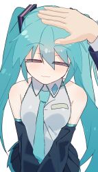 Rule 34 | 1girl, :3, blue hair, blush, closed eyes, collared shirt, detached sleeves, from above, hatsune miku, headpat, highres, long hair, long sleeves, necktie, pleated skirt, rashu kaito, shirt, skirt, sleeveless, sleeveless shirt, smile, solo focus, twintails, very long hair, vocaloid