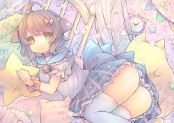 Rule 34 | 1girl, :&lt;, :/, ahoge, alarm clock, animal ears, bad id, bad pixiv id, bed, bedroom, bow, brooch, brown hair, cat ears, choker, clock, coa (chroo x), dutch angle, frills, hair bow, hair ornament, indoors, jewelry, looking at viewer, lying, mobile, on bed, original, petticoat, pillow, scrunchie, short hair, solo, star (symbol), stuffed toy, thighhighs, triangle mouth, white thighhighs, wrist scrunchie, | |