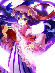 Rule 34 | 1girl, book, bow, crescent, female focus, flying paper, hat, ichinose natsuki, long hair, magic circle, open book, paper, patchouli knowledge, purple eyes, purple hair, simple background, solo, touhou, white background