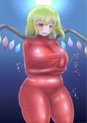 Rule 34 | 1girl, :d, alternate breast size, alternate costume, bad id, bad pixiv id, blonde hair, blush, bodysuit, grabbing another&#039;s breast, breasts, crossed arms, crystal, fang, flandre scarlet, grabbing, grabbing own breast, guroo (shine119), highres, huge breasts, large breasts, latex, looking at viewer, mixed media, moonlight, naughty face, open mouth, plump, red eyes, shiny clothes, short hair, side ponytail, skin tight, smile, solo, taut clothes, thick thighs, thighs, touhou, wings