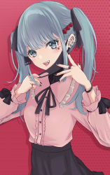 Rule 34 | 1girl, absurdres, black mask, black nails, black ribbon, black skirt, blunt bangs, commentary request, cowboy shot, ear piercing, earrings, eyebrows hidden by hair, fangs, frilled shirt, frills, grey eyes, hair ornament, hair ribbon, hatsune miku, heart, heart hair ornament, heart tattoo, highres, jewelry, long hair, long skirt, looking at viewer, mask, mask pull, mouth mask, multiple rings, nail polish, open mouth, piercing, pink shirt, polka dot, polka dot background, red background, ribbon, ring, shirt, silver hair, skirt, smile, solo, standing, tattoo, tongue piercing, twintails, vampire (vocaloid), vocaloid, yuzuaji