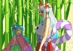 Rule 34 | 2girls, ^ ^, aqua hair, bamboo, bamboo forest, blunt bangs, closed eyes, commentary request, earrings, forest, green hair, hair ornament, hakama, half updo, highres, horns, japanese clothes, jewelry, kimono, kouzuki hiyori, long hair, looking at another, multicolored hair, multiple girls, nature, obi, one piece, open mouth, pink kimono, ponytail, red hakama, red horns, rope, sash, shimenawa, sidelighting, sidelocks, sleeveless, sleeveless kimono, smile, tenteko mm, white kimono, wide sleeves, yamato (one piece)