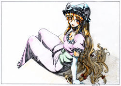 Rule 34 | 1girl, :d, black border, blonde hair, blue hat, blush, border, bow, breasts, cleavage, colored pencil (medium), dated, dress, elbow gloves, from above, from side, gloves, graphite (medium), hair ribbon, hat, highres, key frame, large breasts, long dress, long hair, looking at viewer, makicha (sasurainopink), mob cap, open mouth, pink dress, puffy short sleeves, puffy sleeves, red bow, ribbon, scan, short sleeves, sitting, smile, solo, touhou, traditional media, tress ribbon, underbust, very long hair, white gloves, yakumo yukari