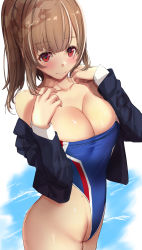 Rule 34 | 1girl, black jacket, blue one-piece swimsuit, breasts, brown hair, cleavage, collarbone, commentary request, competition swimsuit, cowboy shot, highleg, highleg swimsuit, highres, jacket, large breasts, long hair, one-piece swimsuit, original, ponytail, red eyes, simple background, solo, swimsuit, swimsuit under clothes, untue, white background