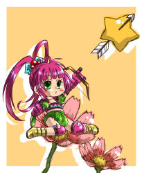 Rule 34 | 1girl, arrow (projectile), boots, bow (weapon), chelsea torn, flower, gloves, green eyes, knee pads, long hair, midriff, navel, pink hair, ponytail, star (symbol), tales of (series), tales of destiny, weapon