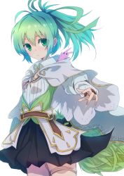 Rule 34 | 1girl, armor, black bow, black skirt, bow, capelet, closed mouth, commentary request, cowboy shot, duel monster, eyebrows hidden by hair, faulds, frown, green eyes, green hair, green ribbon, green shirt, hair ribbon, key, long hair, looking at viewer, mosui (kori can), outstretched arm, overshirt, pleated skirt, ponytail, puffy short sleeves, puffy sleeves, ribbed shirt, ribbon, shirt, short sleeves, sidelocks, simple background, skirt, solo, stuffed animal, stuffed rabbit, stuffed toy, swept bangs, test tube, thigh strap, white background, white capelet, white shirt, wynn (yu-gi-oh!), wynn the wind channeler, wynn the wind charmer, yu-gi-oh!