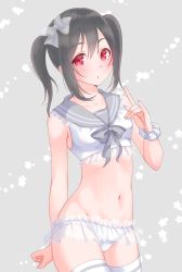 Rule 34 | 1girl, absurdres, arm behind back, black hair, blush, bow, collarbone, cowboy shot, frilled panties, frills, grey background, grey sailor collar, groin, hair between eyes, hair bow, highres, kobayashi nyoromichi, lingerie, long hair, looking at viewer, love live!, love live! school idol project, navel, open mouth, panties, polka dot, polka dot scrunchie, red eyes, sailor collar, scrunchie, solo, standing, striped clothes, striped thighhighs, thighhighs, transparent, twintails, underwear, underwear only, white bow, white panties, white scrunchie, yazawa nico