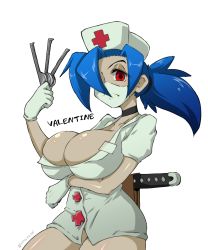 Rule 34 | 1girl, arm under breasts, blue hair, breasts, choker, gloves, hair over one eye, half-closed eyes, hat, highres, large breasts, latex, latex gloves, mask, mouth mask, nurse cap, ponytail, red eyes, scalpel, skullgirls, solo, surgical mask, valentine (skullgirls), white background