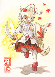 Rule 34 | 1girl, animal ears, autumn leaves, blush, breasts, detached sleeves, geta, hat, inubashiri momiji, leaf, looking at viewer, open mouth, pom pom (clothes), red eyes, sarashi, shield, short hair, silver hair, skirt, small breasts, solo, sword, tail, tengu-geta, thighhighs, tokin hat, touhou, traditional media, weapon, white thighhighs, wolf ears, wolf tail, yukiman