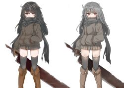 Rule 34 | 1girl, bad id, bad twitter id, black hair, black scarf, black thighhighs, boots, brown footwear, buster sword, character sheet, female focus, gloves, grey hair, hand in pocket, helices, highres, holding, holding sword, holding weapon, jacket, long hair, looking at viewer, messy hair, original, red eyes, scarf, scarf over mouth, simple background, solo, standing, sword, thighhighs, variations, weapon, white background