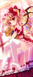 Rule 34 | 1girl, blonde hair, blush, bow, doll, hugging doll, feet, female focus, flandre scarlet, hair bow, hat, hat ribbon, kino (kino konomi), kino konomi, hugging object, panties, red eyes, ribbon, side ponytail, sitting, solo, stuffed animal, stuffed toy, teddy bear, thighhighs, touhou, underwear, white thighhighs, wings, zettai ryouiki