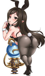 Rule 34 | 1girl, animal ears, arulumaya, ass, back, bare back, black leotard, breasts, rabbit ears, rabbit tail, detached collar, fake animal ears, fake tail, from behind, globe, granblue fantasy, harvin, high heels, highres, huge ass, leotard, long hair, looking at viewer, looking back, medium breasts, mole, mole under eye, pantyhose, playboy bunny, pointy ears, pumps, shoes, shortstack, sideboob, solo, strapless, strapless leotard, tail, wrist cuffs, youkan