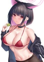 Rule 34 | 1girl, black choker, black hair, blue archive, bra, breasts, brown pantyhose, choker, closed mouth, collarbone, colored inner hair, commentary, food, halo, highres, holding, holding food, jacket, kazusa (blue archive), large breasts, long hair, looking at viewer, macaron, multicolored hair, navel, open clothes, open jacket, pantyhose, pink hair, pink halo, red bra, red eyes, short hair, simple background, solo, underwear, white background, yuunagi (0217)