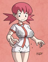 Rule 34 | 1girl, blush, breasts, cerebro podrido, covered erect nipples, creatures (company), game freak, gym leader, lactation, lactation through clothes, large breasts, low twintails, nintendo, pink hair, pokemon, pokemon gsc, solo, twintails, wet, whitney (pokemon)