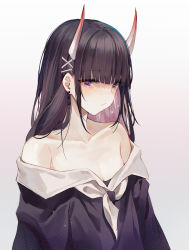 Rule 34 | absurdres, bare shoulders, black hair, black shirt, breasts, character request, cleavage, collarbone, colored inner hair, copyright request, earrings, gradient background, grey background, highres, horns, jewelry, long hair, long sleeves, looking at viewer, multicolored hair, neckerchief, off shoulder, purple eyes, shiro kanae, shirt, upper body, white neckerchief