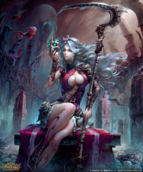 Rule 34 | 1girl, bat (animal), blue eyes, breasts, cleavage, copyright name, floating hair, grey skirt, hairband, holding, holding skull, holding weapon, large breasts, legs together, lipstick, long hair, makeup, midriff, miniskirt, night, outdoors, pink lips, realistic, ruins, scythe, shingeki no bahamut, silver hair, sitting, skirt, skull, solo, very long hair, weapon, yu cheng hong