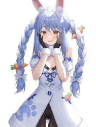 Rule 34 | 1girl, absurdres, animal ear fluff, animal ears, bare shoulders, beomko, black gloves, black pantyhose, blue hair, blush, bow, braid, breasts, carrot, carrot hair ornament, cleavage, coat, cowboy shot, detached sleeves, don-chan (usada pekora), food-themed hair ornament, fur-trimmed coat, fur-trimmed gloves, fur trim, gloves, hair bow, hair ornament, hair ribbon, hands on own face, highres, hololive, long braid, long hair, multicolored hair, orange eyes, pantyhose, pocket, pom pom (clothes), print coat, puffy detached sleeves, puffy sleeves, rabbit ears, rabbit girl, ribbon, ribbon braid, scarf, short eyebrows, sidelocks, simple background, sleeveless, small breasts, solo, thick eyebrows, twin braids, twintails, two-tone hair, usada pekora, usada pekora (1st costume), virtual youtuber, white background, white bow, white coat, white fur, white hair