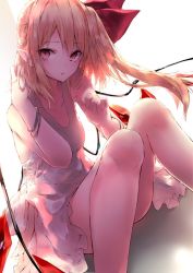 Rule 34 | 1girl, alternate costume, bare arms, bare legs, bare shoulders, blonde hair, bow, bracelet, crystal, dress, feet out of frame, flandre scarlet, grey dress, hair bow, hands up, jewelry, knees up, long hair, looking at viewer, no headwear, one side up, parted lips, pointy ears, red bow, red eyes, sakusyo, shadow, short dress, simple background, sitting, sleeveless, sleeveless dress, solo, touhou, white background, wings