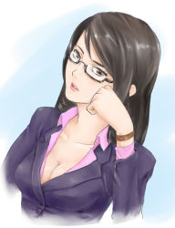 Rule 34 | 1girl, black eyes, black hair, breasts, business suit, cleavage, formal, frown, glasses, large breasts, lipstick, long hair, makeup, office lady, open clothes, open mouth, open shirt, original, shirt, solo, suit, yamaishi (mukoubuti)