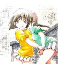 Rule 34 | chibi maruko-chan, green shirt, highres, honami tamae, implied kiss, marumo 516, sakura momoko, shirt, yellow shirt, yuri