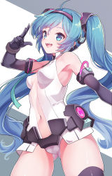Rule 34 | 1girl, :d, ahoge, black gloves, black thighhighs, blue eyes, blue hair, breasts, center opening, elbow gloves, gloves, hand up, hatsune miku, highres, konnyaku (kk-monmon), long hair, looking at viewer, medium breasts, navel, open mouth, smile, solo, standing, teeth, thighhighs, twintails, upper teeth only, vocaloid