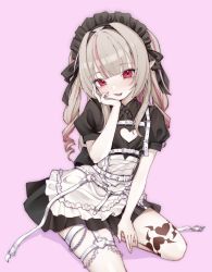 Rule 34 | 1girl, apron, black dress, chest harness, clothing cutout, collared dress, commentary, dress, frilled apron, frills, grey hair, hand up, harness, heart, heart cutout, heart o-ring, heart tattoo, highres, leg tattoo, long hair, maid, maid apron, maid headdress, makaino ririmu, makaino ririmu (5th costume), multicolored hair, nijisanji, parted lips, pink background, pink hair, pointy ears, puffy short sleeves, puffy sleeves, red eyes, short sleeves, simple background, sitting, smile, solo, streaked hair, sunege (hp0715), symbol-only commentary, tattoo, thigh strap, twintails, virtual youtuber, white apron