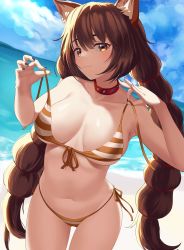 Rule 34 | 1girl, :3, absurdres, animal ear fluff, animal ears, armpits, bare arms, bare shoulders, beach, bikini, black nails, braid, breasts, brown bikini, brown eyes, brown hair, cat ears, cat girl, choker, closed mouth, cloud, collarbone, commission, cowboy shot, day, front-tie bikini top, front-tie top, hands up, highres, long hair, looking at viewer, medium breasts, nail polish, navel, ocean, original, outdoors, panamuru, red choker, side-tie bikini bottom, smile, solo, standing, stomach, string bikini, striped bikini, striped clothes, sunlight, swimsuit, thighs, twin braids, twintails, untied bikini, very long hair, water