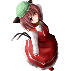 Rule 34 | 1girl, animal ears, ao-shiba, brown hair, cat ears, chen, from above, hat, multiple tails, red eyes, short hair, solo, tail, touhou, two tails